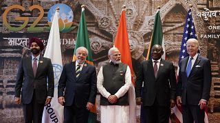 Le président de la Banque mondiale Ajay Banga, le président brésilien Luiz Inacio Lula da Silva, le Premier ministre indien Narendra Modi, le président sud-africain Cyril Rama