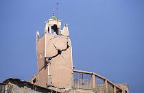 A cracked mosque minaret stands after an earthquake in Moulay Brahim village, near Marrakech, Morocco, Saturday, Sept. 9, 2023.