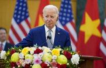 Joe Biden speaks at the Communist Party of Vietnam Headquarters, in Hanoi, Vietnam on Sunday