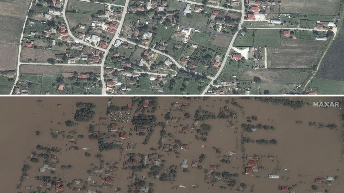 View on Sept. 16, 2022, of the village of Koskinas, in the central region of Thessaly, Greece and on Sept. 9, 2023 after it was flooded following torrential rain