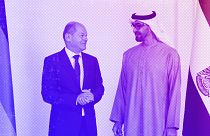 Sheikh Mohamed bin Zayed Al Nahyan, President of the UAE, and German Chancellor Olaf Scholz talk prior to a meeting at Al Shati Palace in Abu Dhabi, September 2022