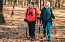 Older couple takes a walk in the woods.