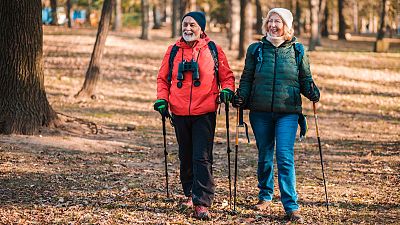 Older couple takes a walk in the woods.