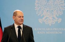 Germany's new chancellor, Olaf Scholz addresses the media during a joint press conference with Polish Prime Minister Mateusz Morawiecki in Warsaw in 2021