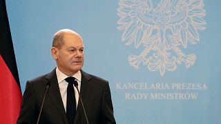 Germany's new chancellor, Olaf Scholz addresses the media during a joint press conference with Polish Prime Minister Mateusz Morawiecki in Warsaw in 2021