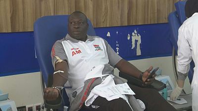 Gambian national football team donate blood for Morocco quake victims. Marrakesh, Morocco, Sept. 11, 2023