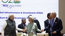 From left to right, Indian Prime Minister Narendra Modi, President of the European Union Ursula von der Leyen and U.S. President Joe Biden in New Delhi, on Saturday.
