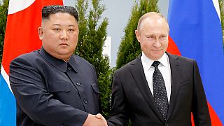 FILE - Russian President Vladimir Putin, right, and North Korea's leader Kim Jong Un shake hands during their meeting in Vladivostok, Russia, Thursday, April 25, 2019.
