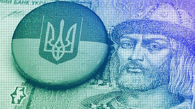 One Ukrainian hryvnia bill with a Ukraine crest pin, illustration