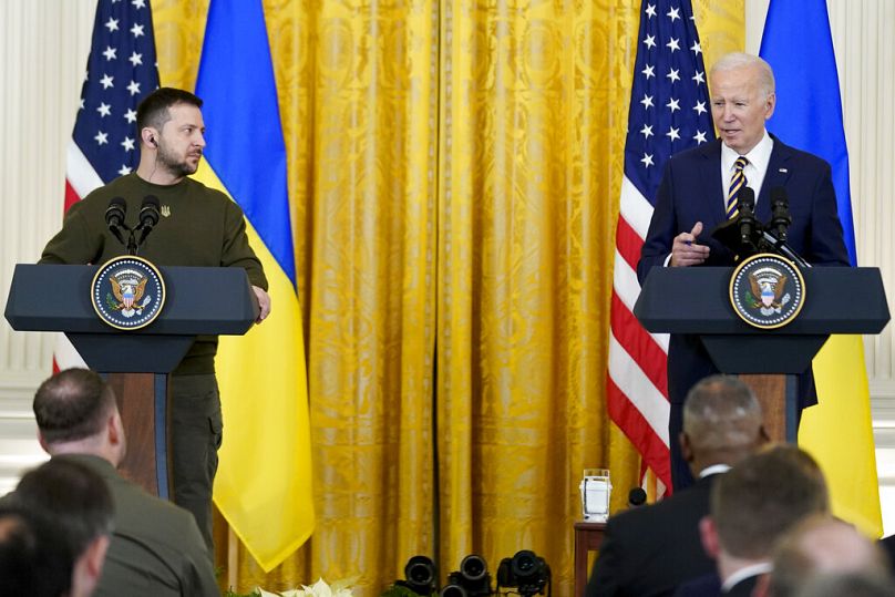 President Joe Biden speaks during a news conference with Ukrainian President Volodymyr Zelenskyy in the East Room of the White House in Washington, Wednesday, Dec. 21, 2022.