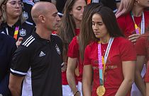 President of Spain's soccer federation, Luis Rubiales stands with Spain's Women's World Cup soccer team.