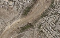 Последствия разрушения плотины в Дерне, спутниковый снимок.