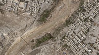 Последствия разрушения плотины в Дерне, спутниковый снимок.
