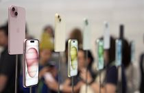 iPhone 15 and 15 Plus models are displayed during an announcement of new products on the Apple campus Tuesday, September 12, 2023
