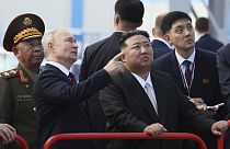 Russian President Vladimir Putin and North Korea's leader Kim Jong Un examine a launch pad during their meeting at the Vostochny cosmodrome outside the city of Tsiolkovsky.