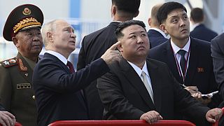 Russian President Vladimir Putin and North Korea's leader Kim Jong Un examine a launch pad during their meeting at the Vostochny cosmodrome outside the city of Tsiolkovsky.