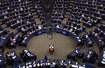 أورسولا فن دير لين تلقي خطابها السنوي حول حالة الاتحاد العروبي في البرلمان الأوروبي، 13 أيلول 2023.