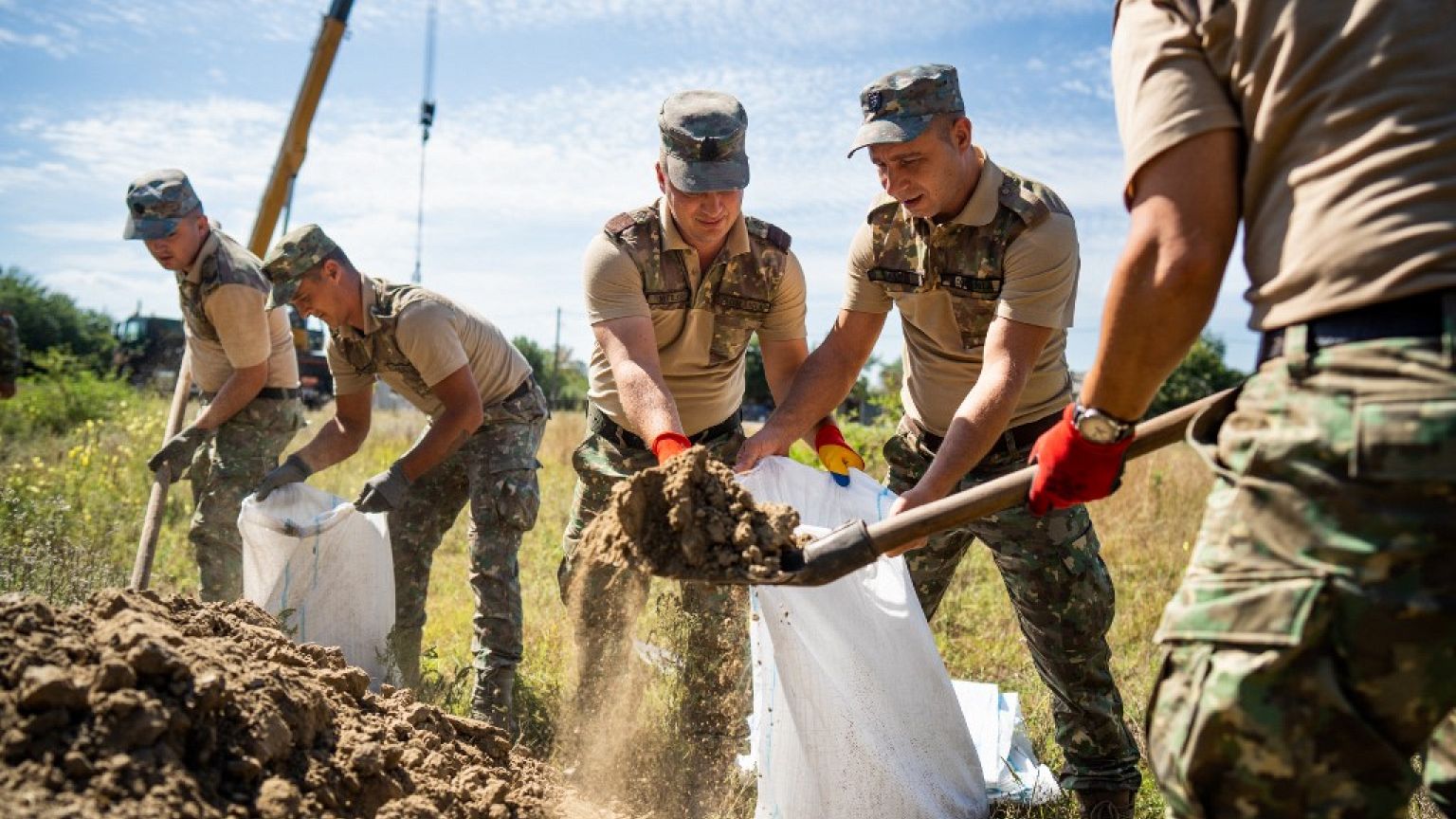 Romanian Army soldiers build a bomb shelter in the village of Plauru, Danube Delta, 300kms east of Bucharest, Romania, on September 12, 2023.
