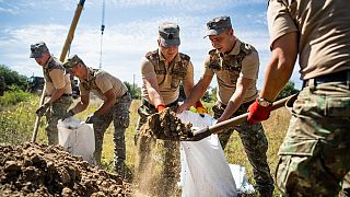 Romanian Army soldiers build a bomb shelter in the village of Plauru, Danube Delta, 300kms east of Bucharest, Romania, on September 12, 2023.