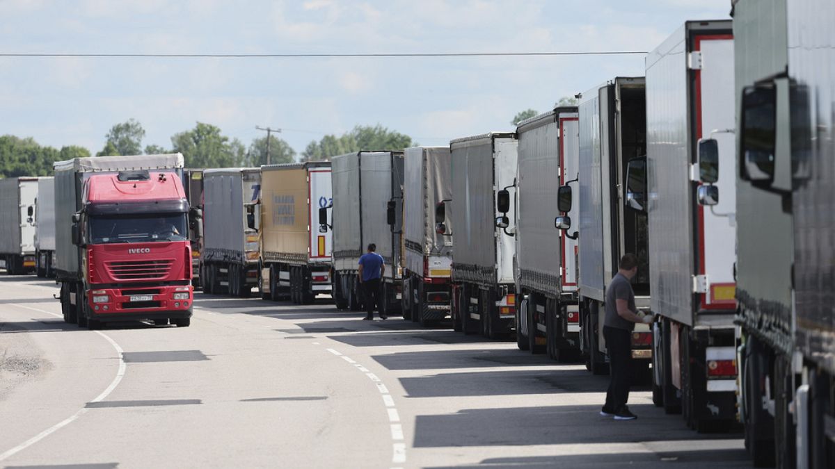 Trucks stands at the post-customs international checkpoint Chernyshevskoye at the Russian-Lithuanian border in Kaliningrad region, Russia, Wednesday, June 22, 2022. 