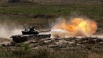 A Ukrainian tanks fires during a training excercise in the Chernigiv region on September 8, 2023.