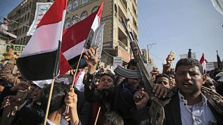 تظاهرة لأنصار الحوثيين بمناسبة مرور ستة أعوام على التحالف الذي تقوده السعودية في صنعاء، اليمن