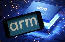 The logo for chip designer Arm and an Arm webpage are shown in this photo, in New York, Wednesday, Sept. 6, 2023