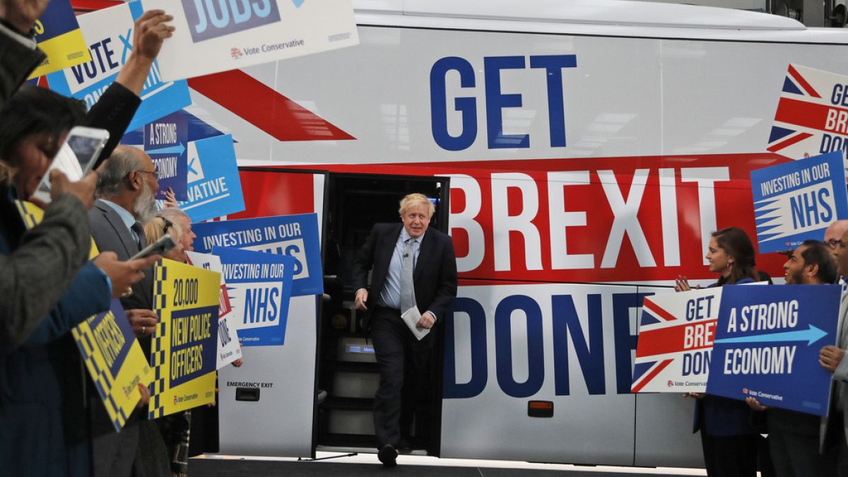 Ο τότε πρωθυπουργός Μπόρις Τζόνσον απευθύνεται στους υποστηρικτές του πριν επιβιβαστεί στο λεωφορείο της προεκλογικής του εκστρατείας για τις γενικές εκλογές στο Μάντσεστερ της Αγγλίας το 2019