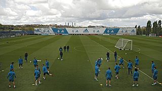 Real Madrid players work out during a training session at the team's Valdebebas training ground in Madrid.