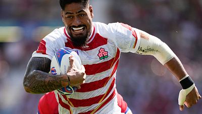 Japan's Amato Fakatava runs to score his team's first try during the Rugby World Cup Pool D match between Japan and Chile at Stadium de Toulouse, in France, 10 Sept 2023.