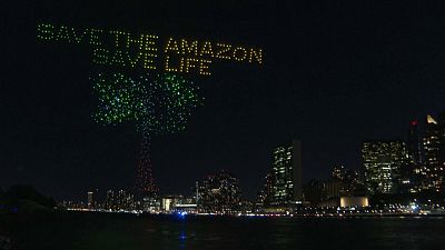 Drones light up the New York skyline to highlight climate change threats. September 15th 2023