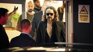 Russell Brand leaves the Troubabour Wembley Park theater in northwest London after performing a comedy set on Saturday 16 September 2023
