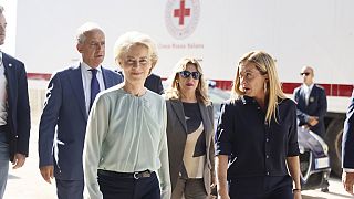 The President of the European Commission, Ursula von der Leyen, front left, and Italy's Premier Giorgia Meloni, front right, visit the island of Lampedusa,Sep 17, 2023