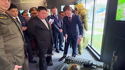 Image taken from video released on the telegram channel of the governor of the Russian region of Primorsky Krai Sept 17 2023, North Korea's leader Kim Jong Un in Russia