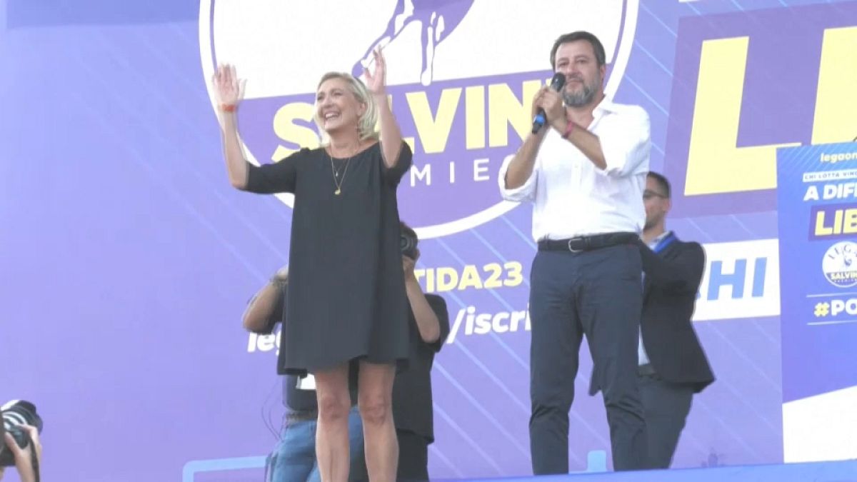 Matteo Salvini and Marine Le Pen at Northern League rally on Sunday