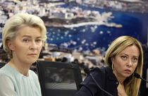 Die Präsidentin der Europäischen Kommission, Ursula von der Leyen, und Italiens Ministerpräsidentin Giorgia Meloni sprechen auf einer gemeinsamen Pressekonferenz in Lampedusa zu den Medien.