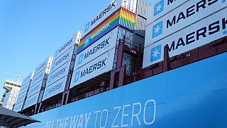 Containers are seen on the worlds first methanol-enabled container vessel before the namegiving ceremony in Copenhagen, Denmark, Thursday, Sept 14, 2023. Danish shipping compa