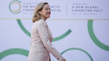 Spain's Economy Minister Nadia Calvino arrives for the closing session of the New Global Financial Pact Summit, Friday, June 23, 2023 in Paris.
