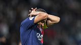 PSG's Kylian Mbappe reacts after missing a scoring chance during the French League One soccer match between Paris Saint Germain and Nice at Parc des Princes stadium in Paris,