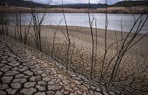 De la terre fissurée est visible au réservoir de Sau au nord de Barcelone, en Espagne, le 18 avril 2023\. 