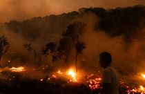 Ein Blick auf die Flammen eines brennenden Waldes im Dorf Dikela in der Nähe der Stadt Alexandroupolis in der nordöstlichen Region Evros, Griechenland, 22\. August 2023.