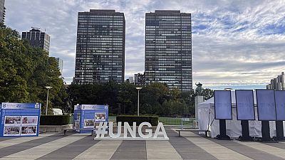 FILE - A "#UNGA" sign is on display at United Nations headquarters, Saturday, Sept. 24, 2022.