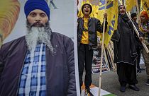 Protesters chant outside of the Consulate General of India office during a protest over the shooting of Hardeep Singh Nijjar in Vancouver, British Columbia, June 24, 2023