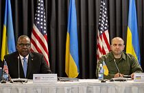 Le secrétaire américain à la Défense Lloyd Austin, à gauche, et Roustem Oumerov, le ministre ukrainien de la Défense, à Ramstein, en Allemagne, mardi 19 septembre 2023.