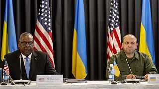 US Defense Secretary Lloyd Austin, left, and Rustem Umerov, Ukraine's Defense Minister attend the meeting of the 'Ukraine Defense Contact Group' at Ramstein Air Base.