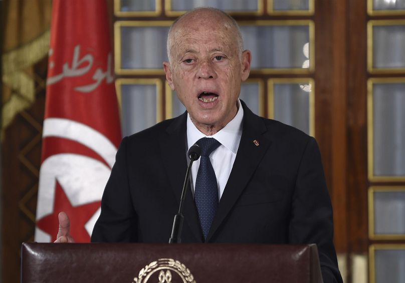 Tunisian President Kais Saied gives a speech at the new government's swearing-in ceremony at the Carthage Palace outside the capital Tunis, February 2020