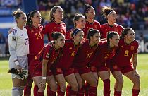 Spain pose for a team photo ahead of the Women's World Cup quarterfinal soccer match between Spain and the Netherlands in Wellington, New Zealand, Friday, Aug. 11, 2023. 