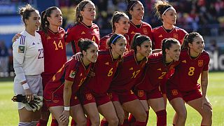 Spain pose for a team photo ahead of the Women's World Cup quarterfinal soccer match between Spain and the Netherlands in Wellington, New Zealand, Friday, Aug. 11, 2023. 