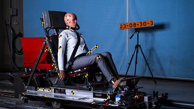 Image shows the world's first female crash test dummy called SET 50F, designed by a Swedish engineer to help make sure women are better protected in cars.
