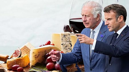 French President Emmanuel Macron, right, and Britain's King Charles III photographed on 20 September 2023 - they will tuck into a selection of three cheeses tonight